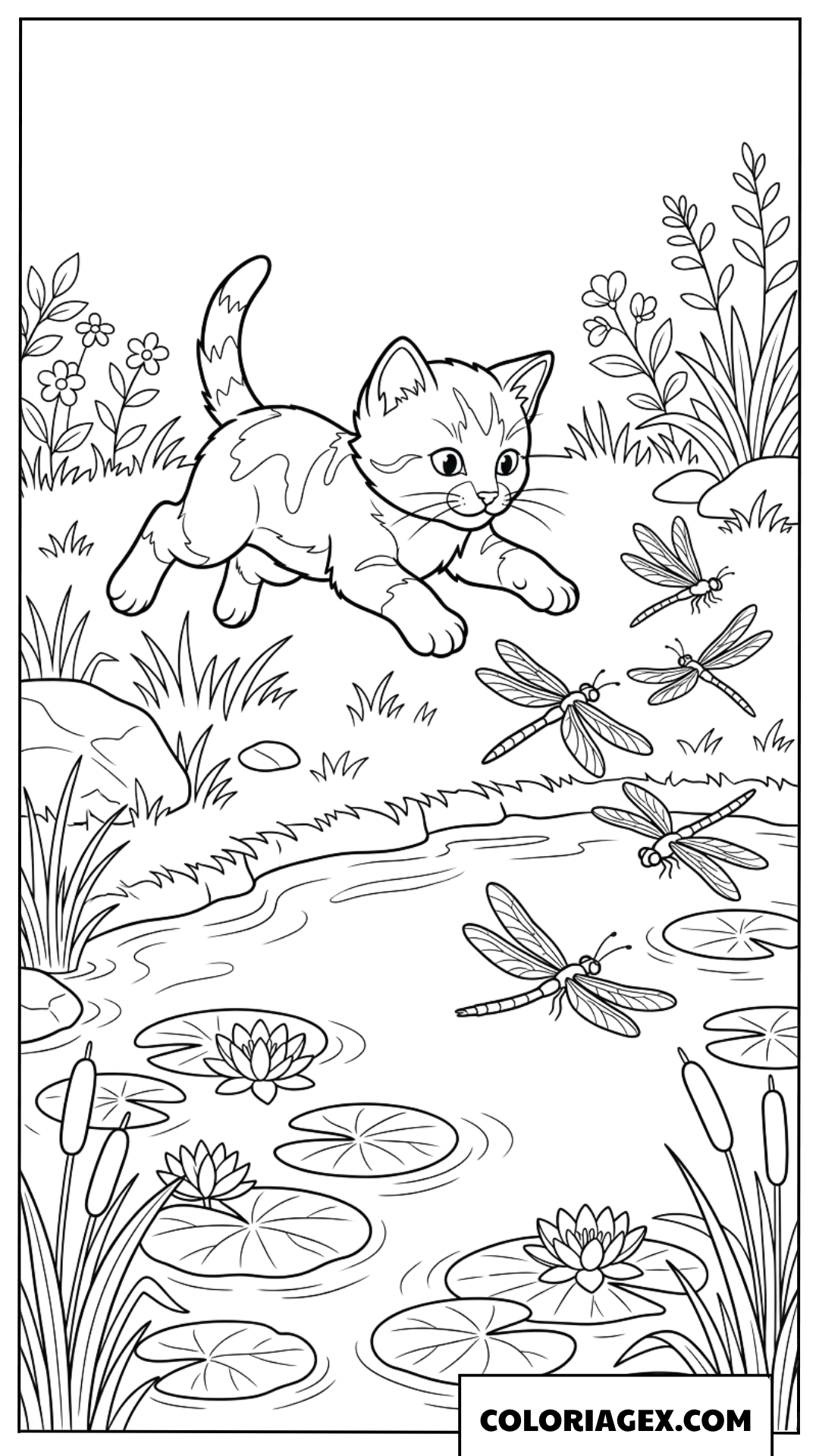 Dessin d'un chaton espiègle chassant des libellules au bord de l'étang