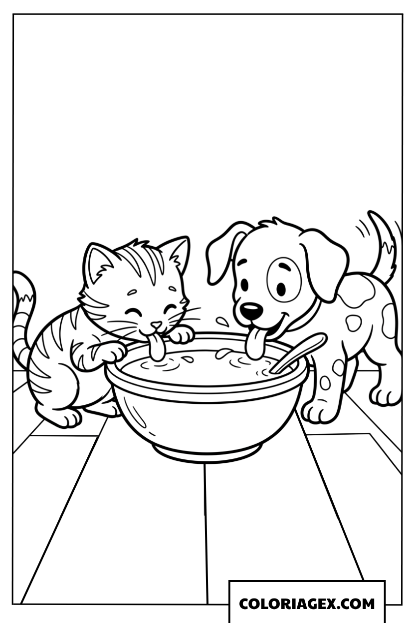 Dessin d'un chaton et d'un chiot partageant du lait
