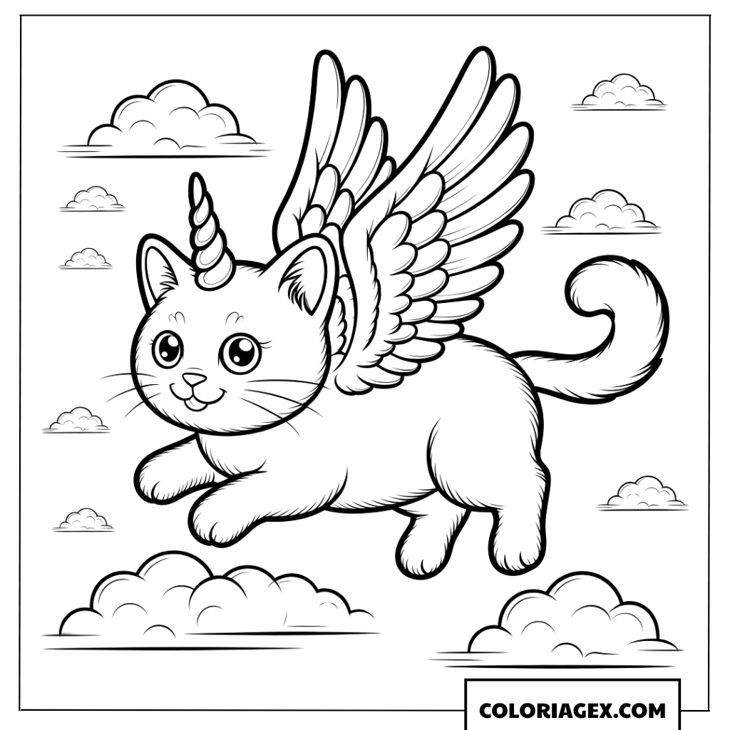 Dessin d'un chaton licorne ailé en plein vol