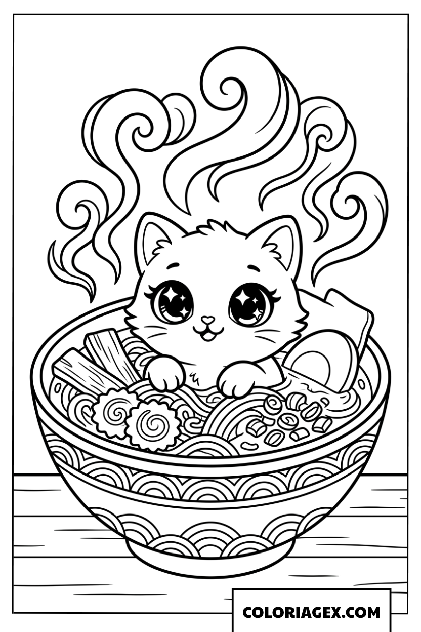 Dessin d'un chaton mignon assis dans un bol de ramen