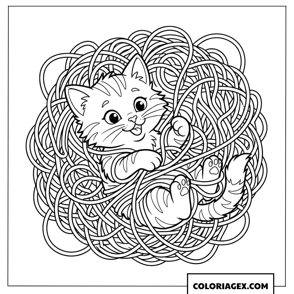 Dessin d'un chaton mignon tout emmêlé dans une pelote de laine