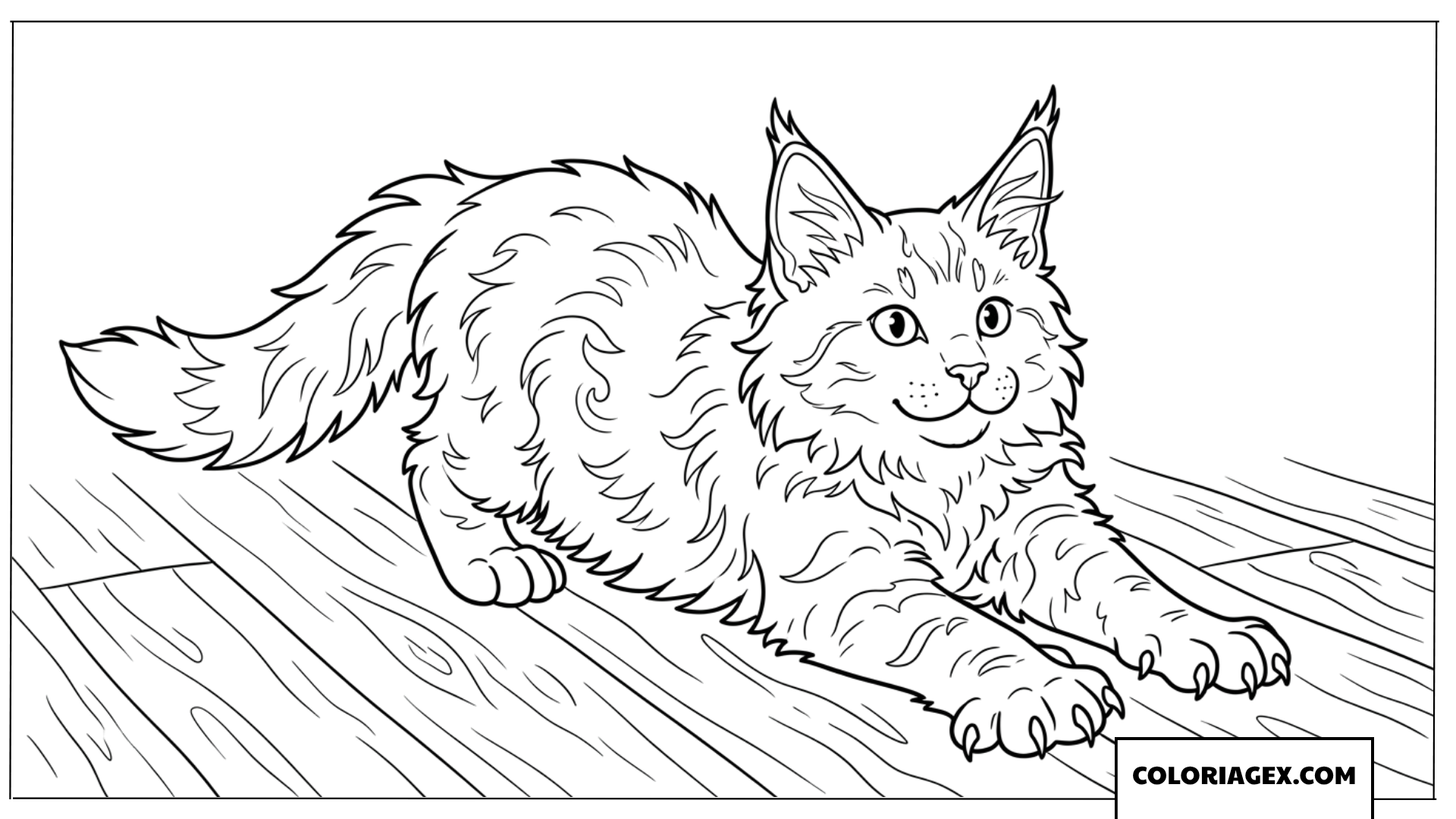 Dessin d'un chaton s'étirant sur un parquet en bois