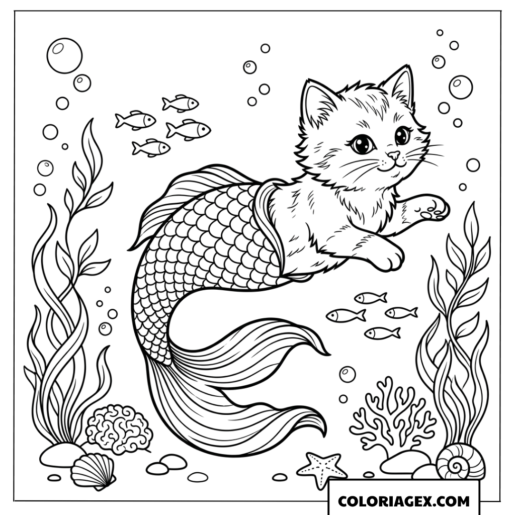 Dessin d'un chaton sirène sous l'océan