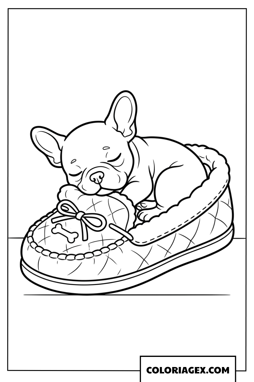 Dessin d'un chiot Bouledogue Français dormant dans une pantoufle à colorier
