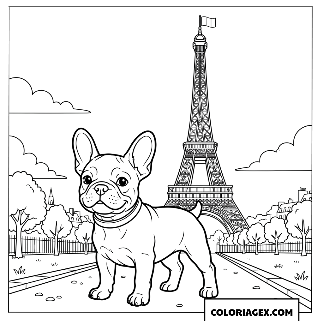 Dessin d'un chiot Bouledogue devant la tour Eiffel