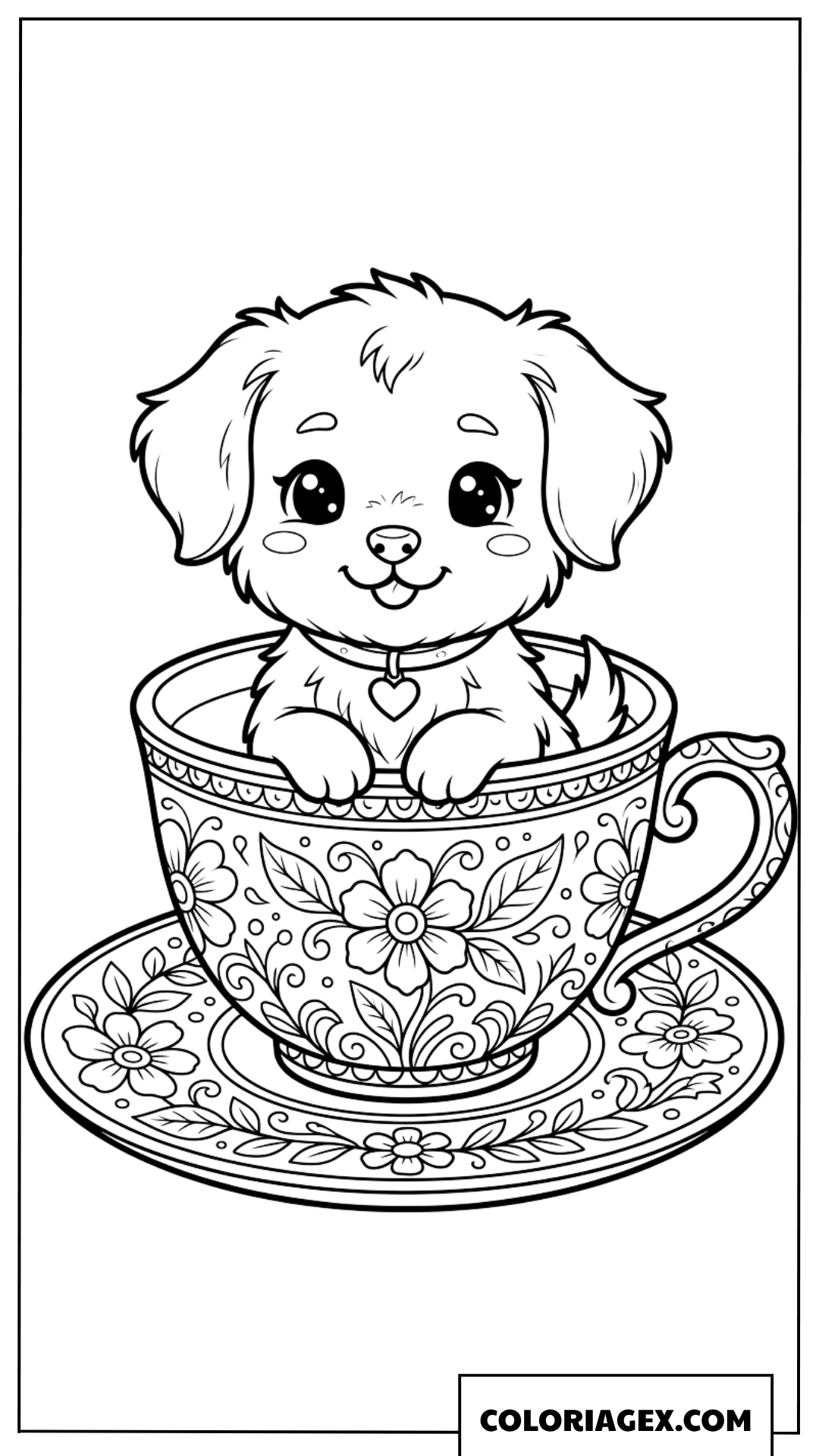 Dessin d'un chiot assis dans une tasse à thé