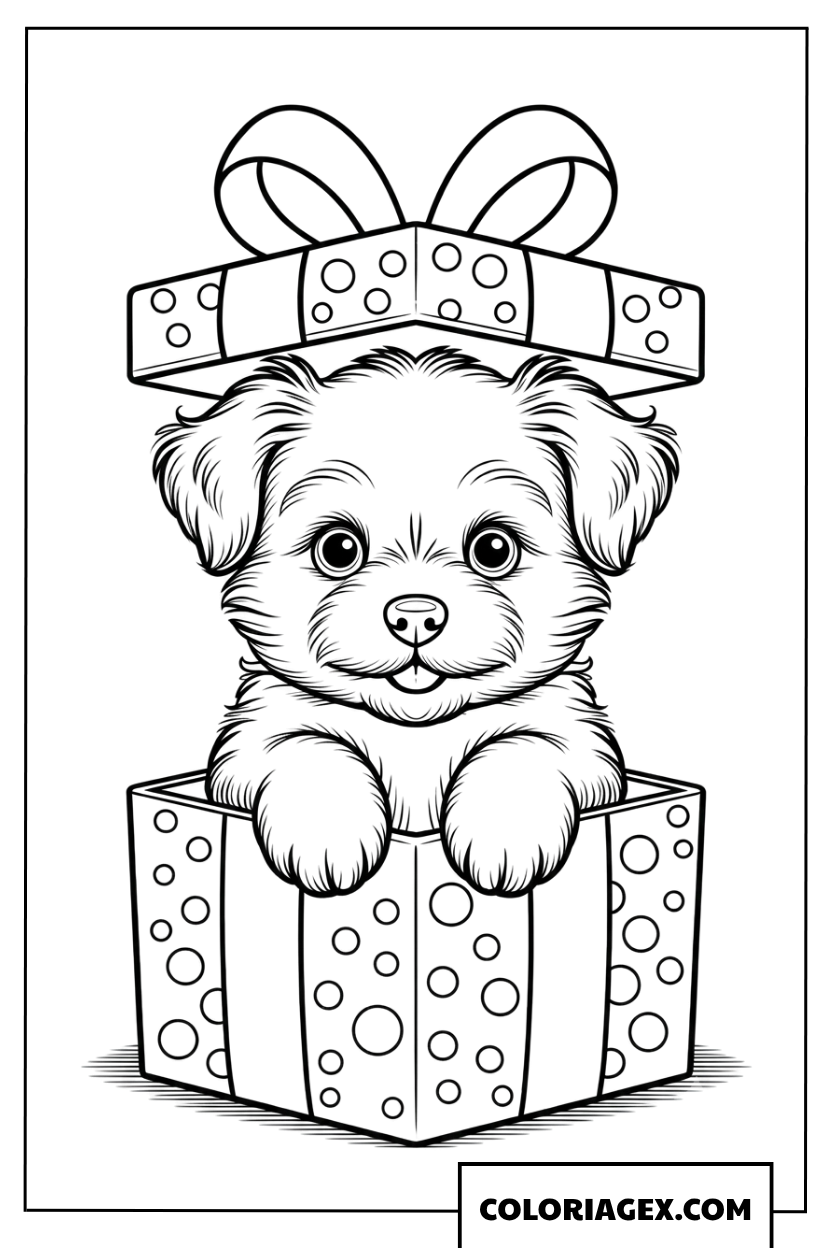 Dessin d'un chiot dans une boîte cadeau