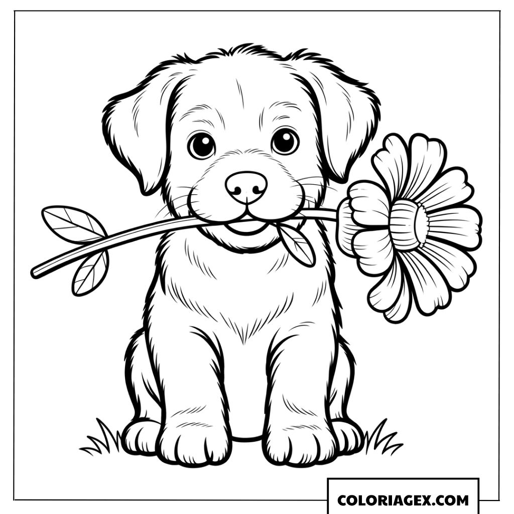 Dessin d'un chiot doux tenant une fleur