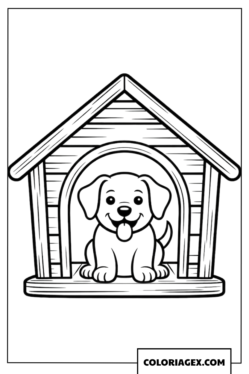 Dessin dun chiot mignon dans sa niche en bois