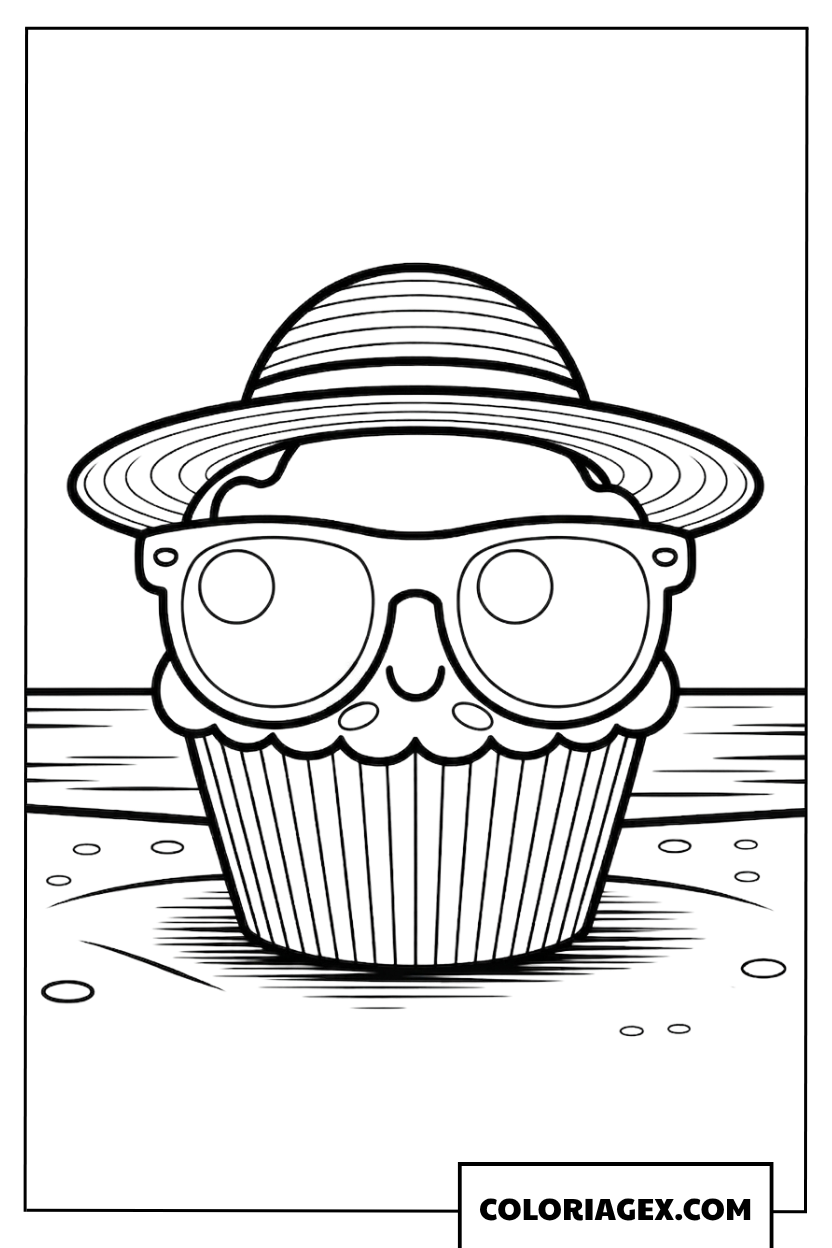 Dessin d'un cupcake kawaii en vacances à la plage