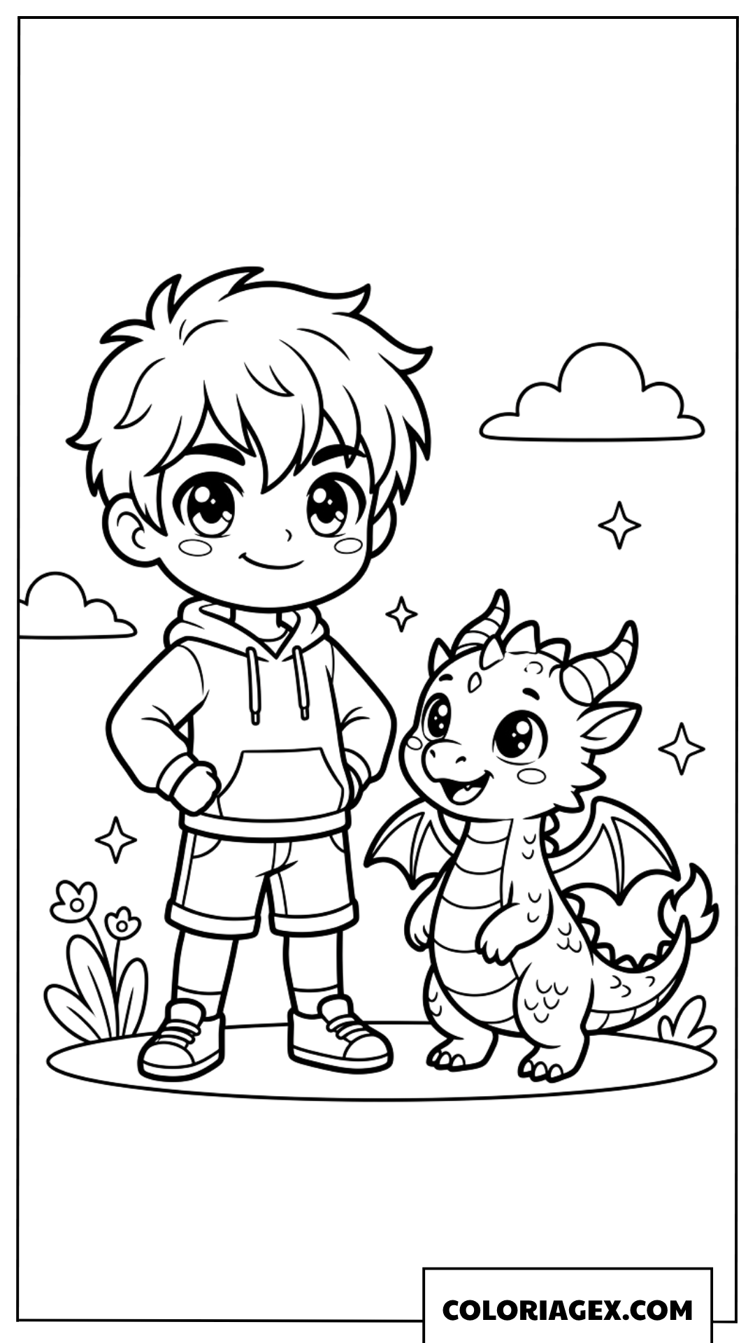 Dessin dun garcon chibi et son petit dragon fantastique