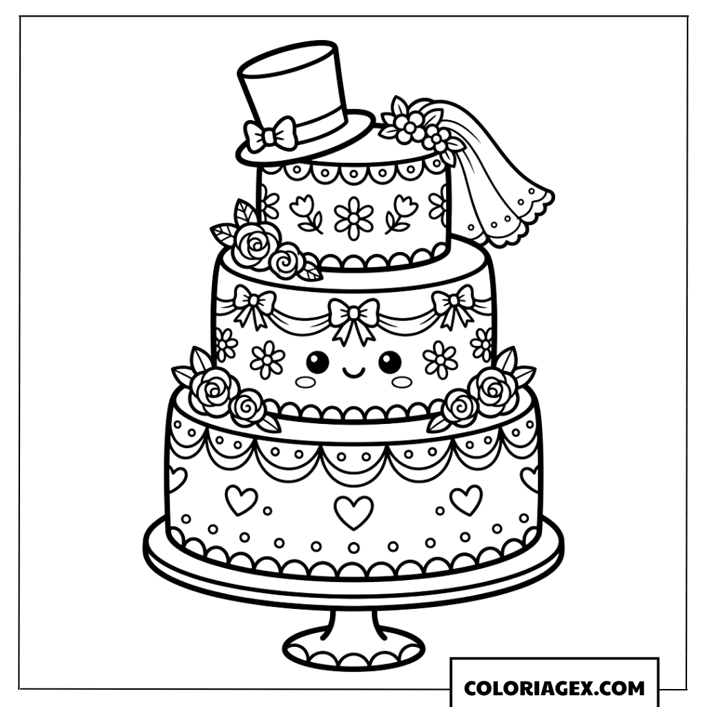 Dessin d'un gateau de mariage Kawaii avec chapeau et voile