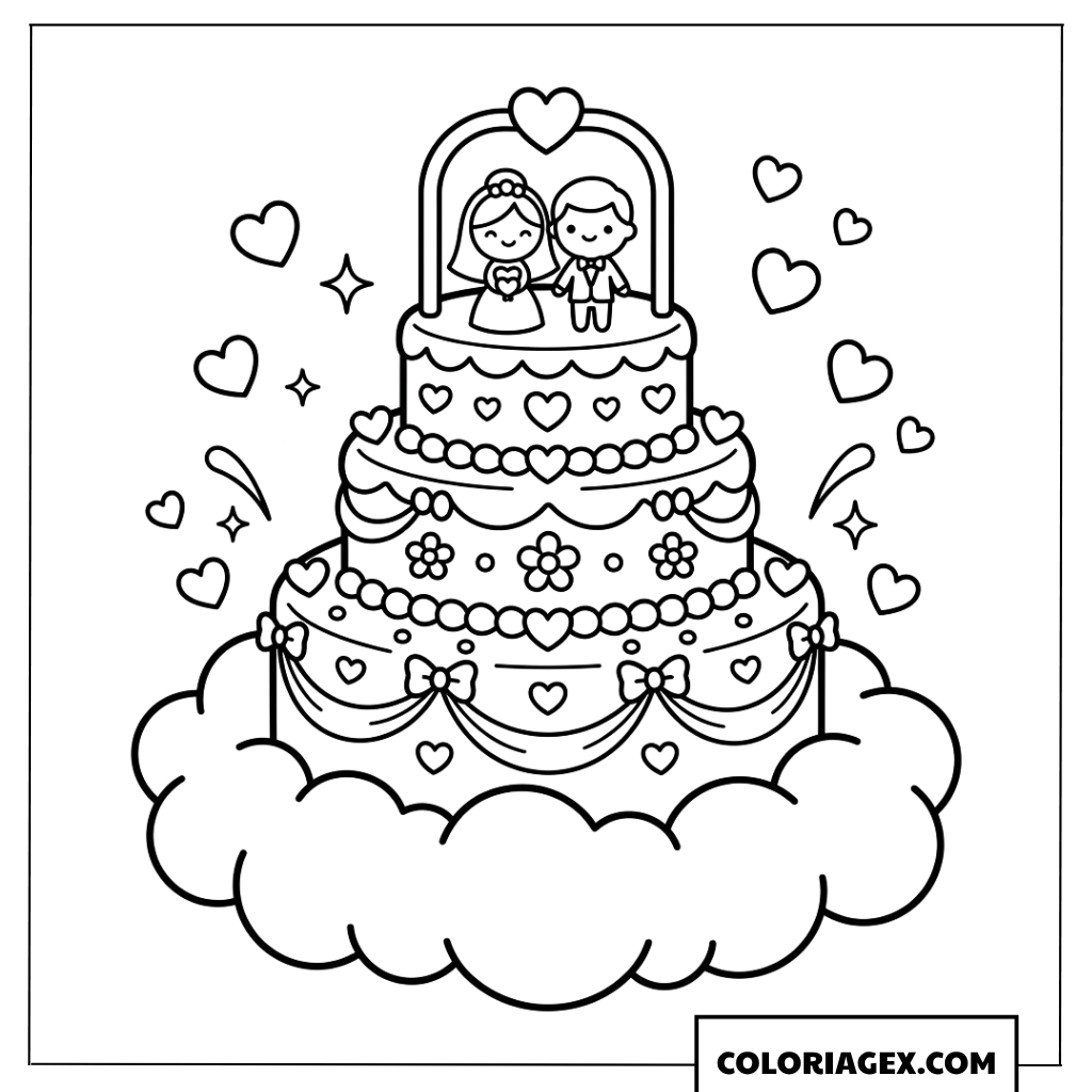 Dessin d'un gateau de mariage Kawaii flottant sur un nuage
