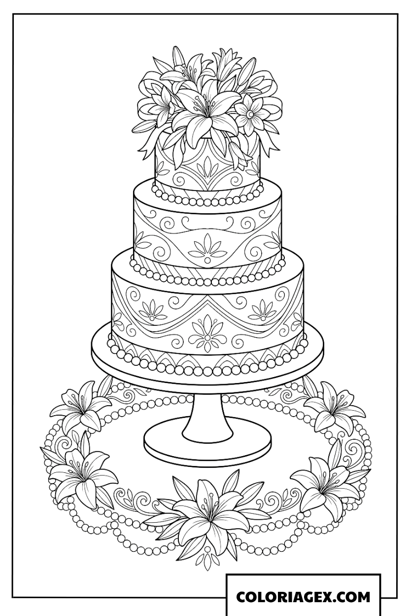 Dessin d'un gâteau de mariage à étages avec perles et lys