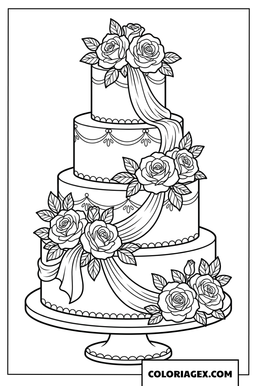 Dessin d'un gâteau de mariage décoré de roses romantiques