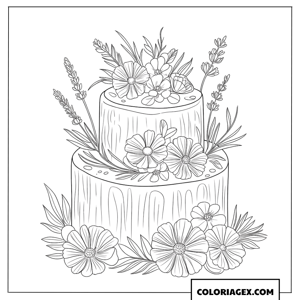 Dessin d'un gateau de mariage rustique aux fleurs des champs