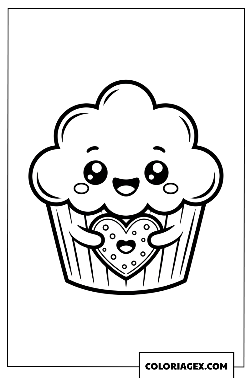 Dessin d'un joyeux cupcake kawaii qui tient un cœur