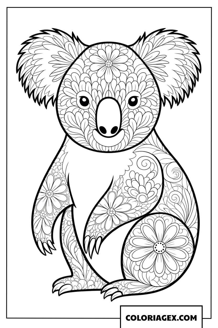 Dessin dun koala rempli de motifs floraux a colorier