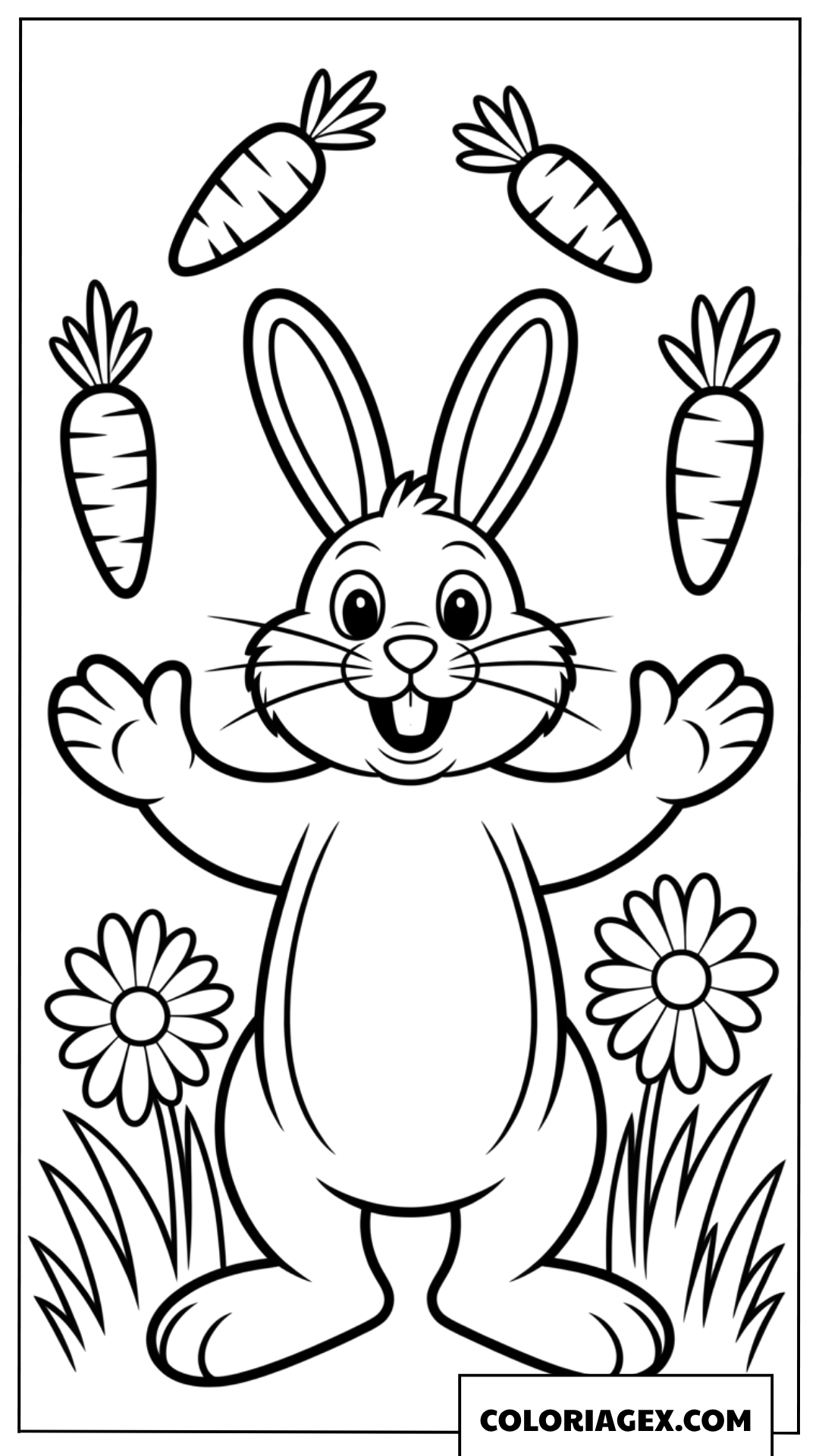 Dessin d'un lapin amusant jonglant avec des carottes