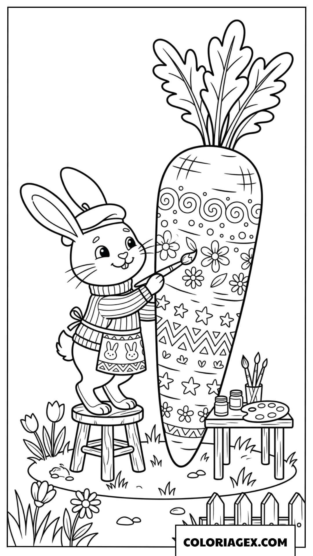 Dessin d'un lapin artiste décorant une carotte géante