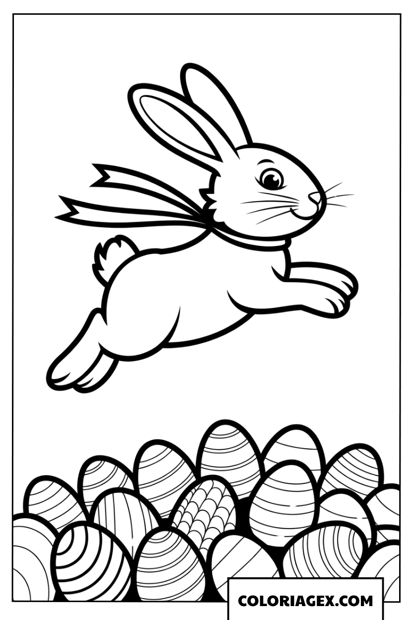 Dessin d'un lapin avec un ruban sautant au-dessus des œufs