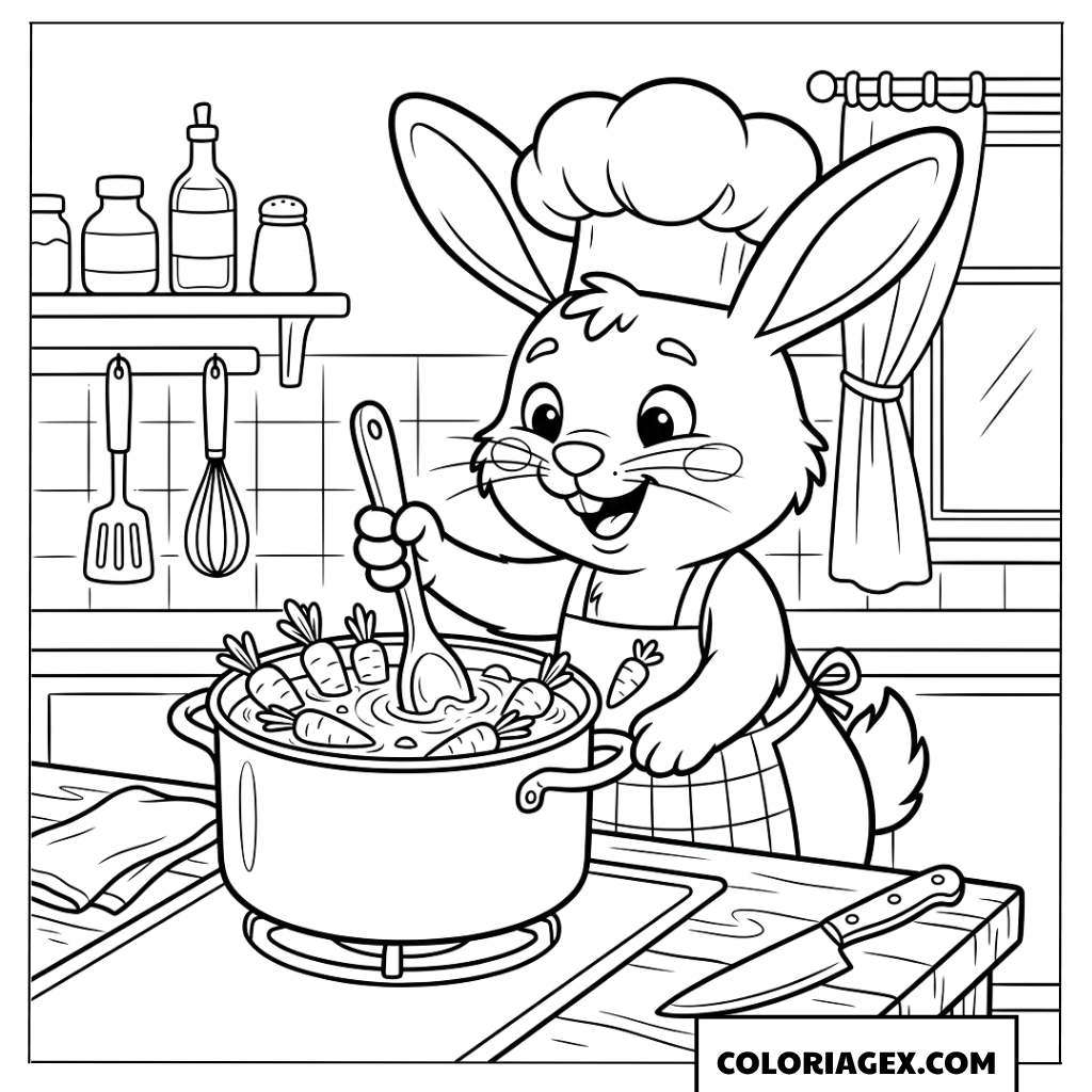 Dessin d'un lapin chef cuisinier préparant une soupe
