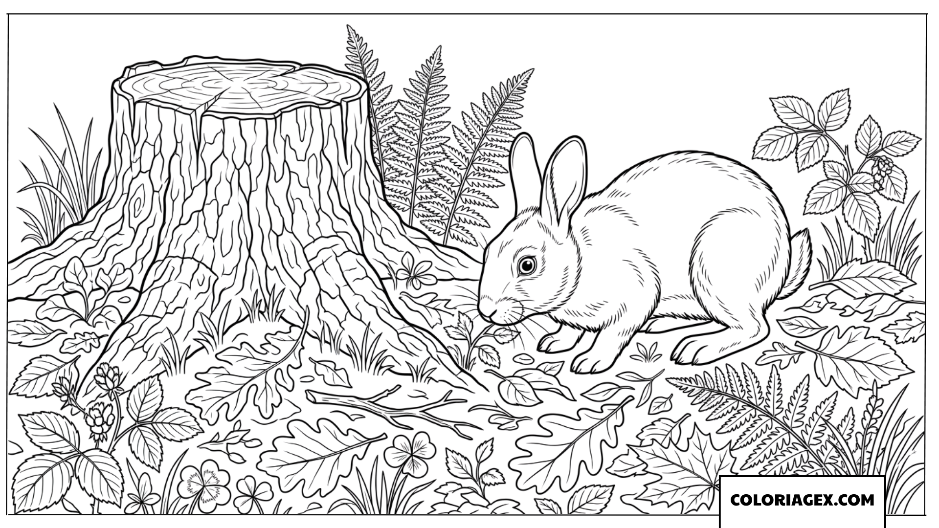 Dessin d'un lapin cherchant à manger près d'une souche