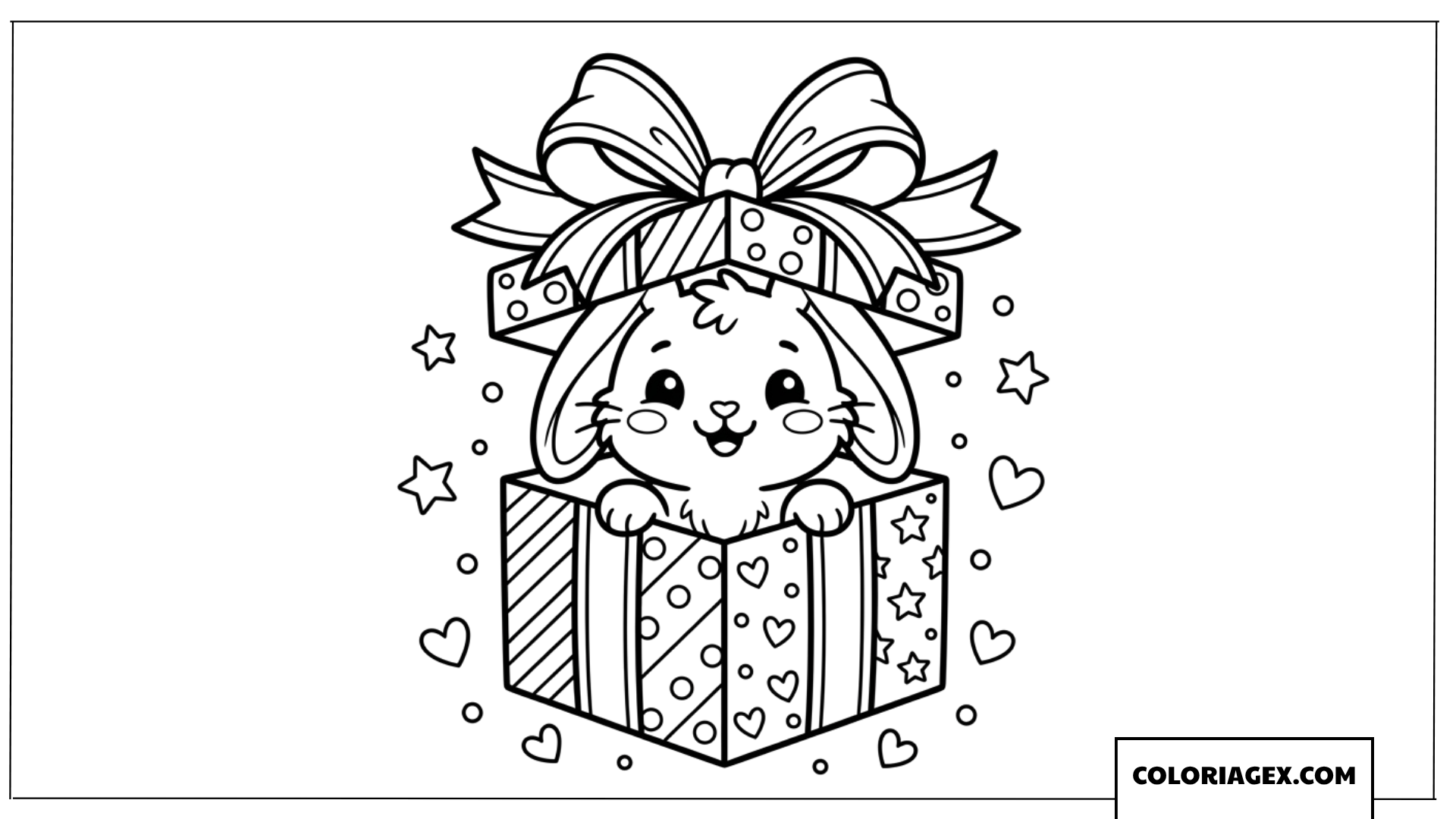 Dessin d'un lapin espiègle sortant d'un coffret cadeau