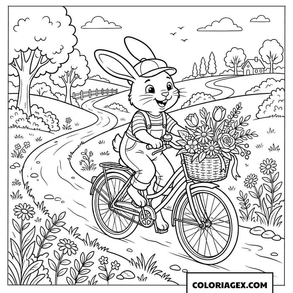 Dessin d'un lapin faisant du vélo avec des fleurs