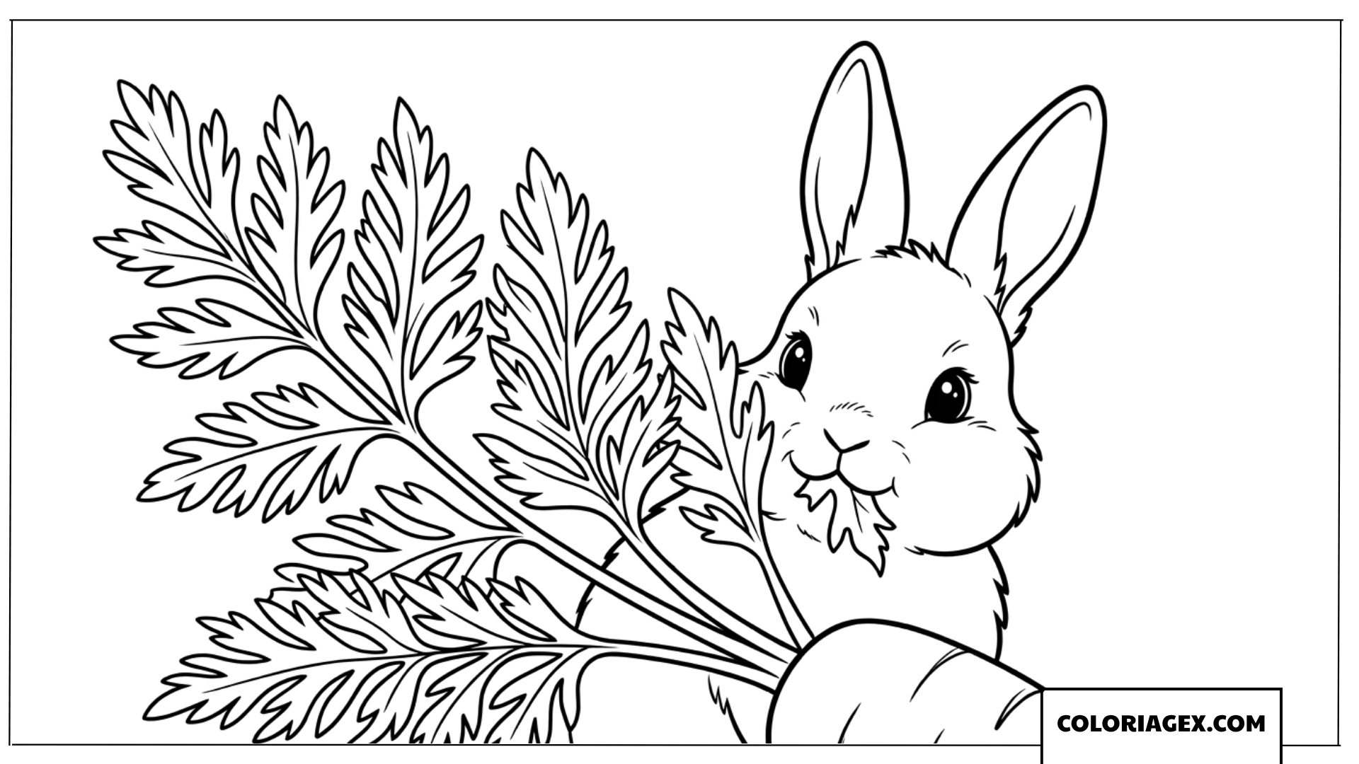 Dessin d'un lapin malicieux caché derrière une feuille de carotte