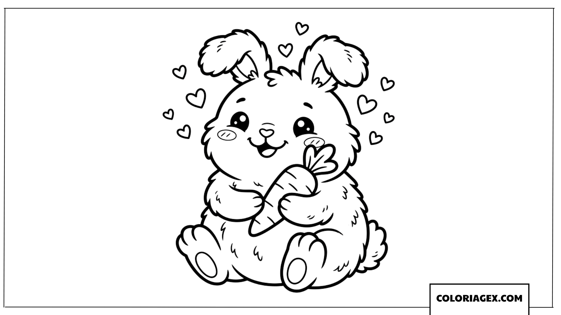 Dessin d'un lapin mignon tenant une carotte entouré de cœurs
