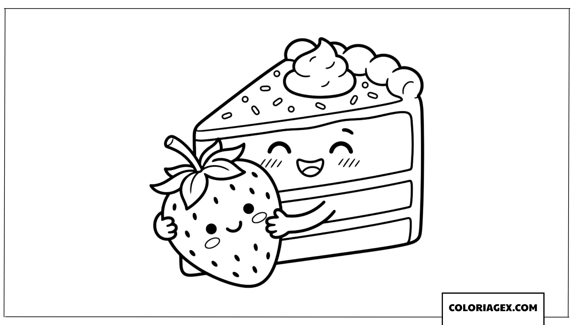 Dessin d'un morceau de gâteau mignon serrant une fraise