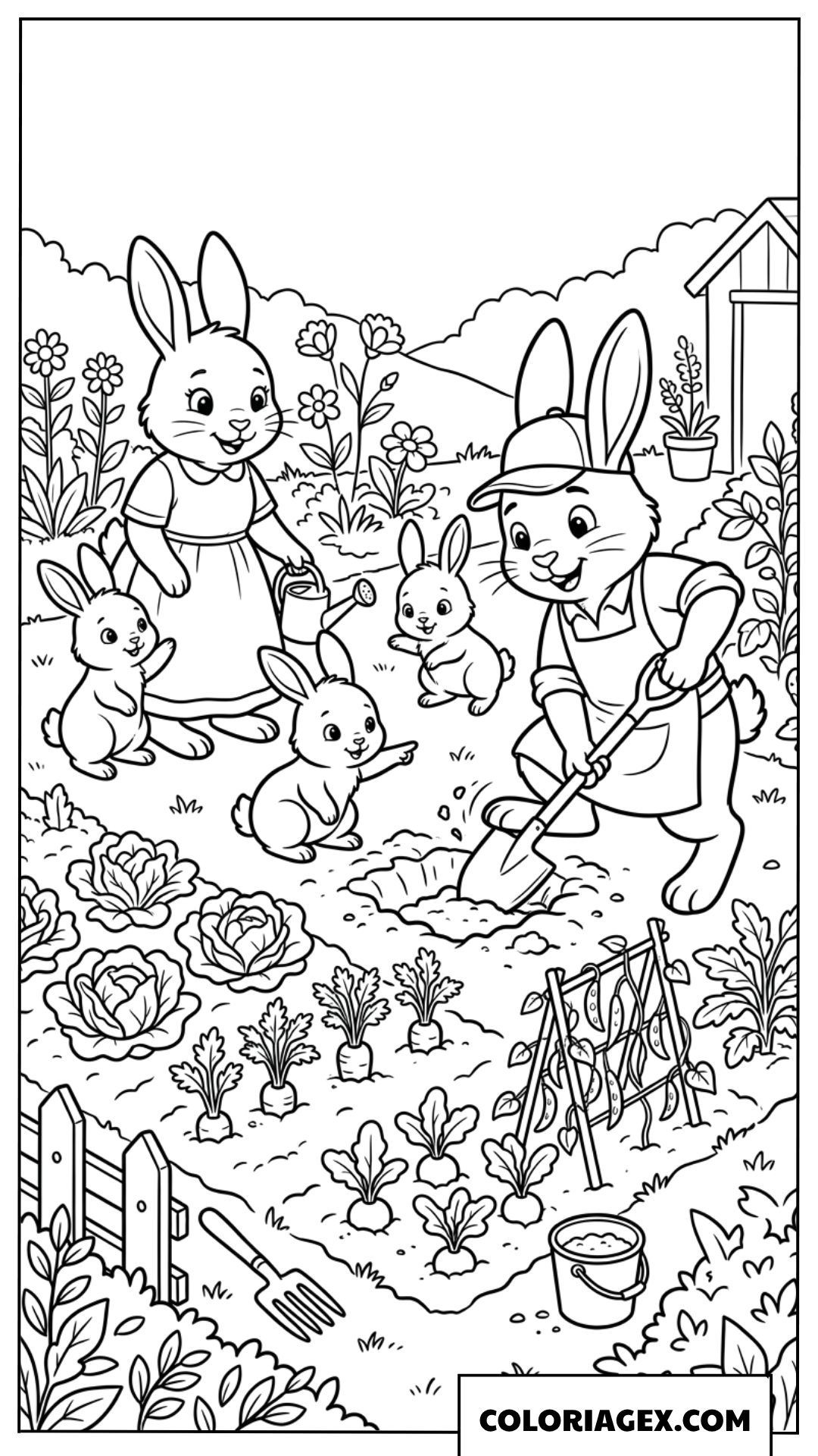 Dessin d'un papa lapin jardinant joyeusement avec sa famille