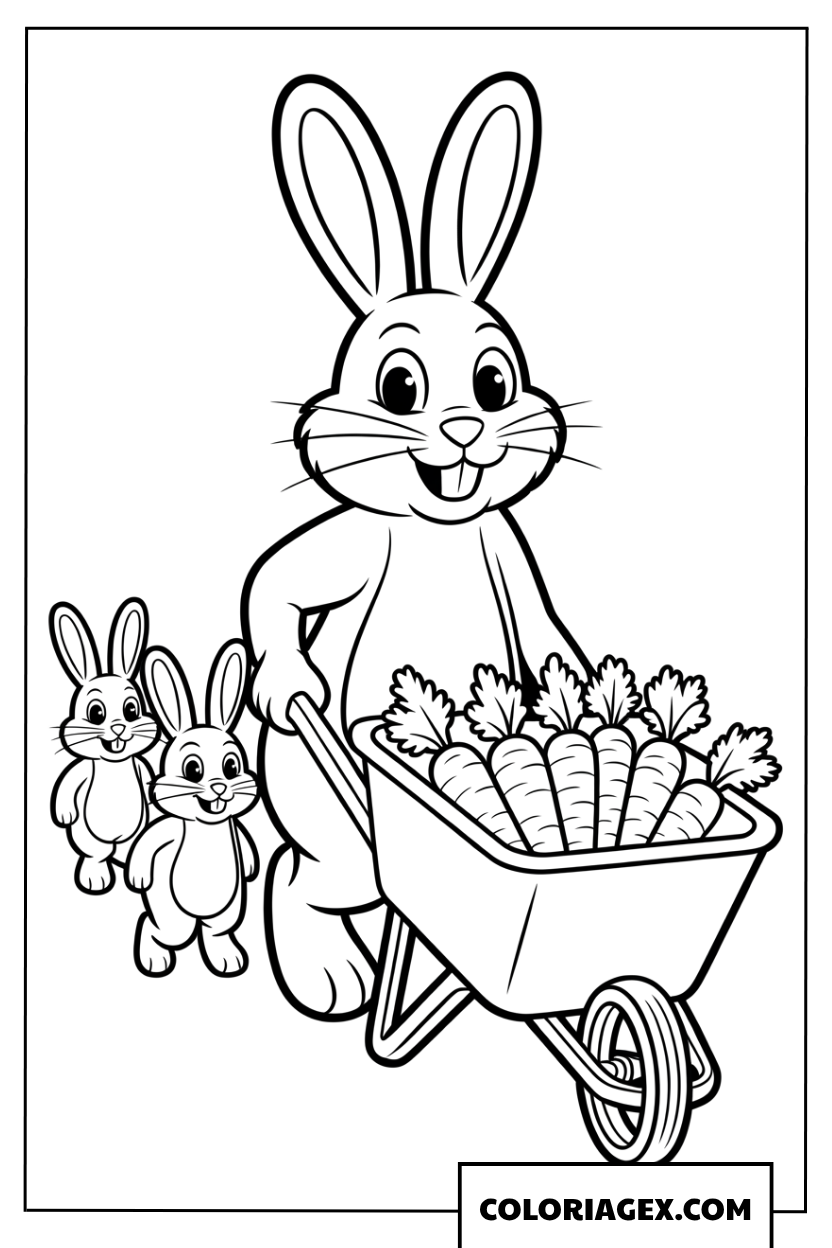 Dessin d'un papa lapin poussant une brouette pleine de carottes