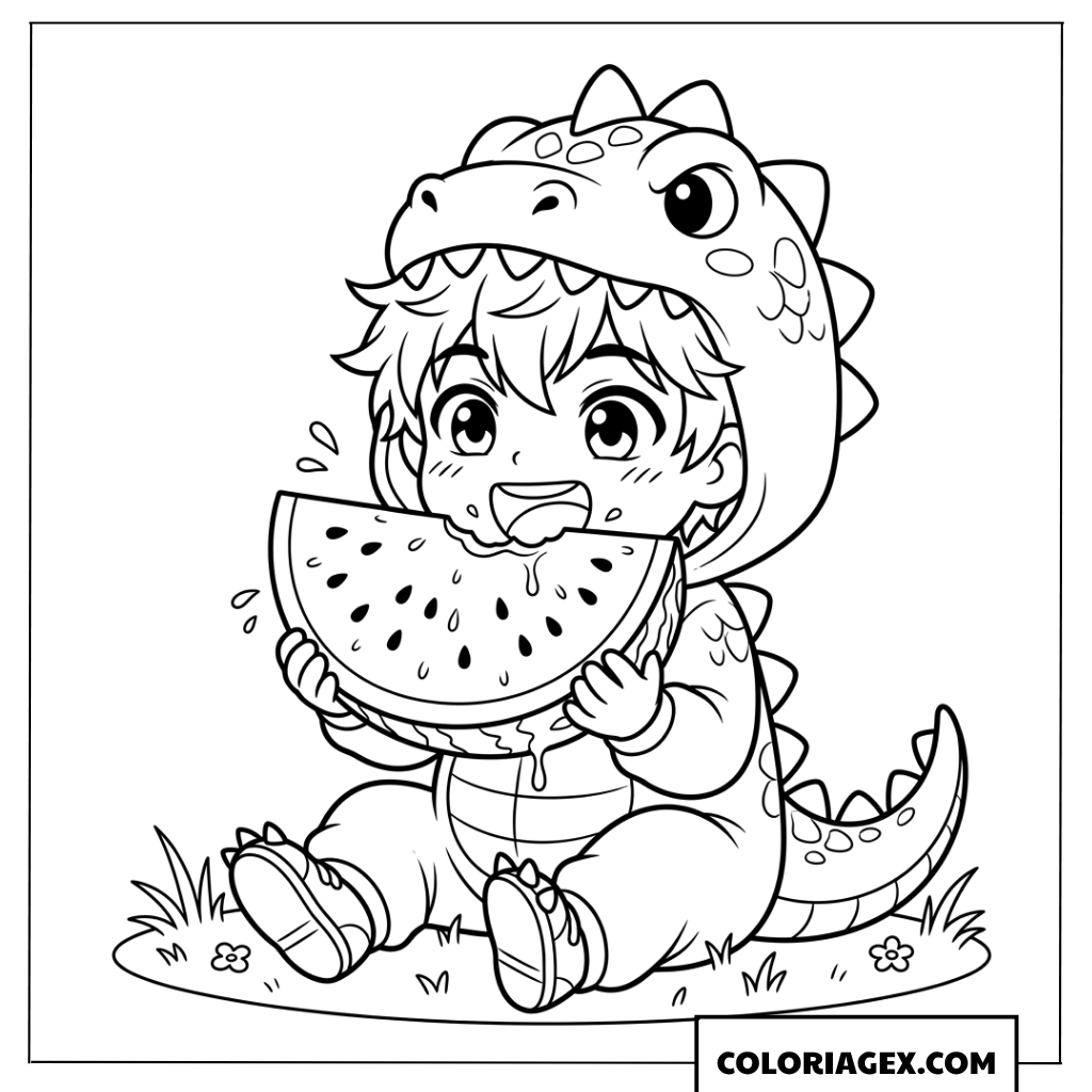 Dessin d'un petit garçon chibi déguisé en dinosaure mangeant une pastèque