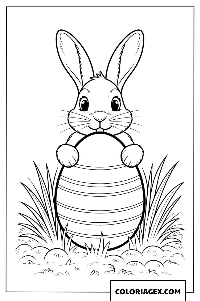 Dessin d'un petit lapin caché derrière un œuf de Pâques