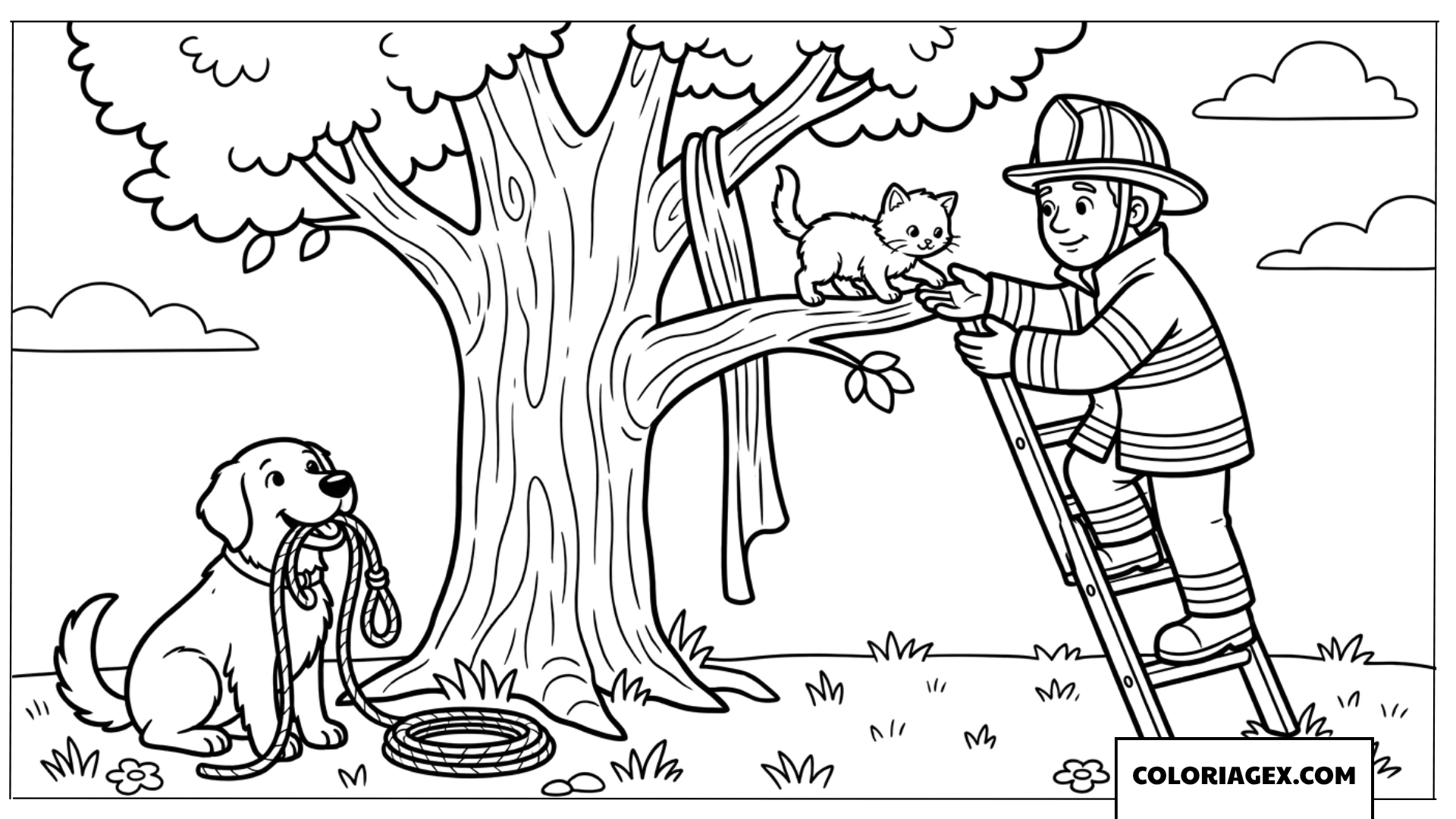 Dessin dun pompier qui sauve un chaton dans un arbre