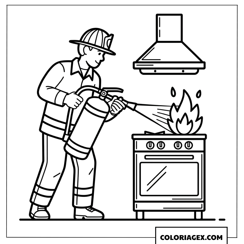 Dessin dun pompier utilisant un extincteur dans une cuisine