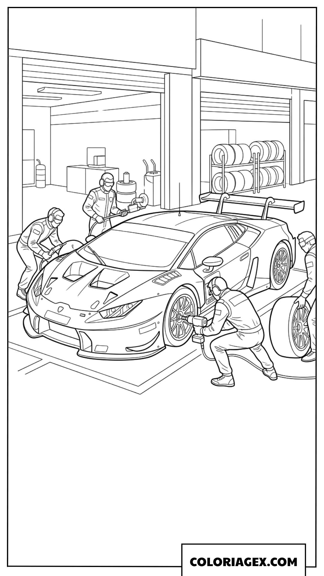 Dessin d'une équipe technique assistant la voiture de course Lamborghini