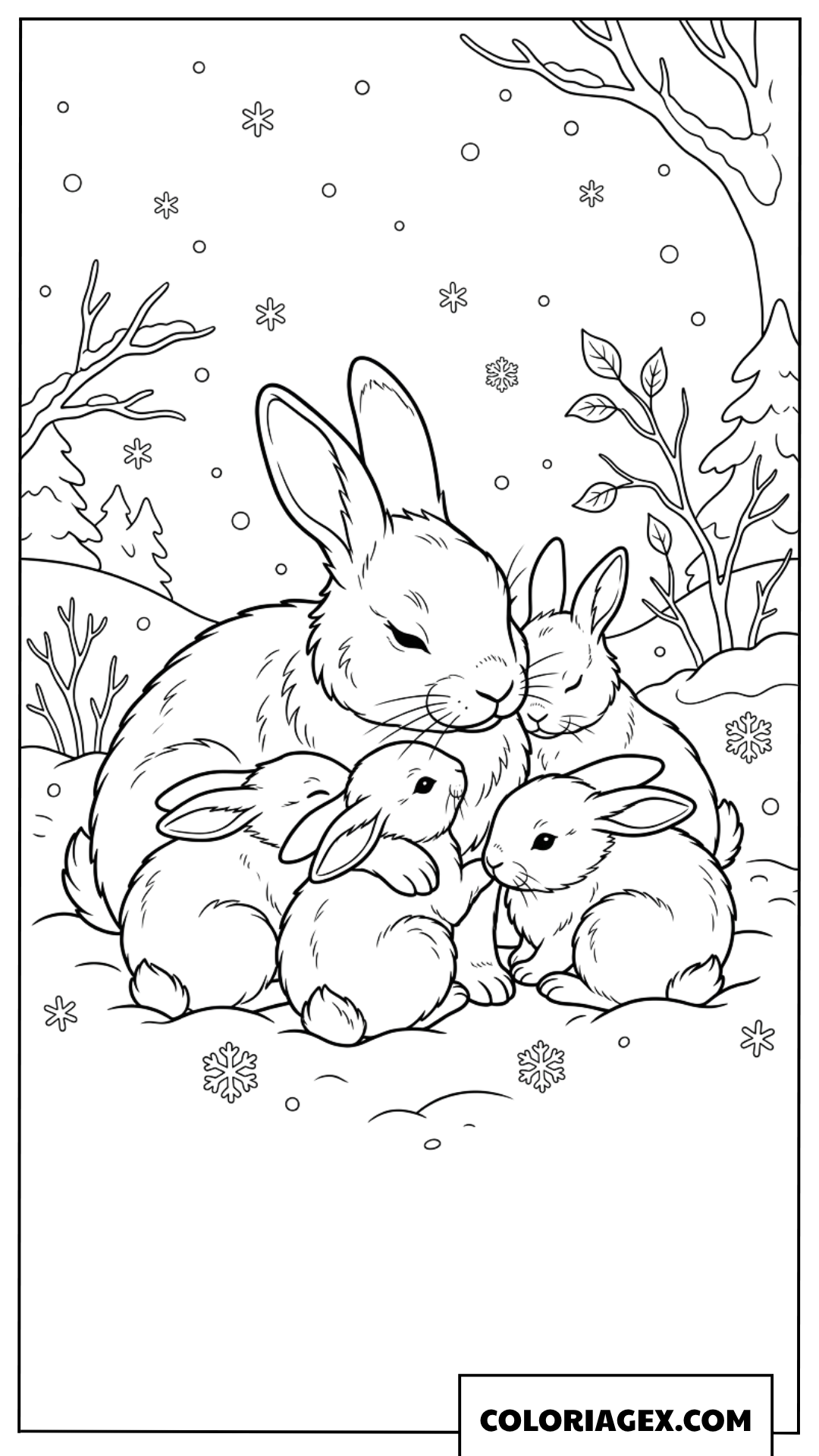 Dessin d'une famille de lapins au chaud sous la neige