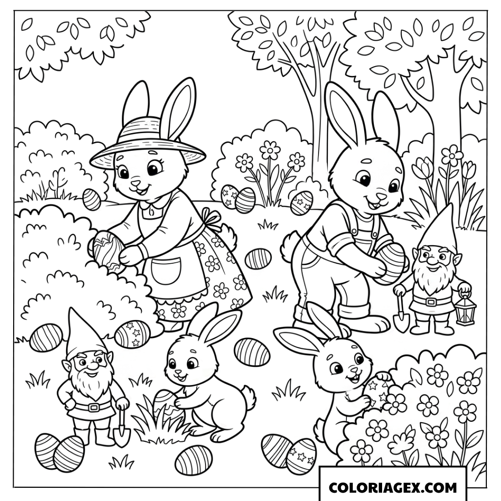 Dessin d'une famille de lapins cachant des œufs de Pâques avec des gnomes
