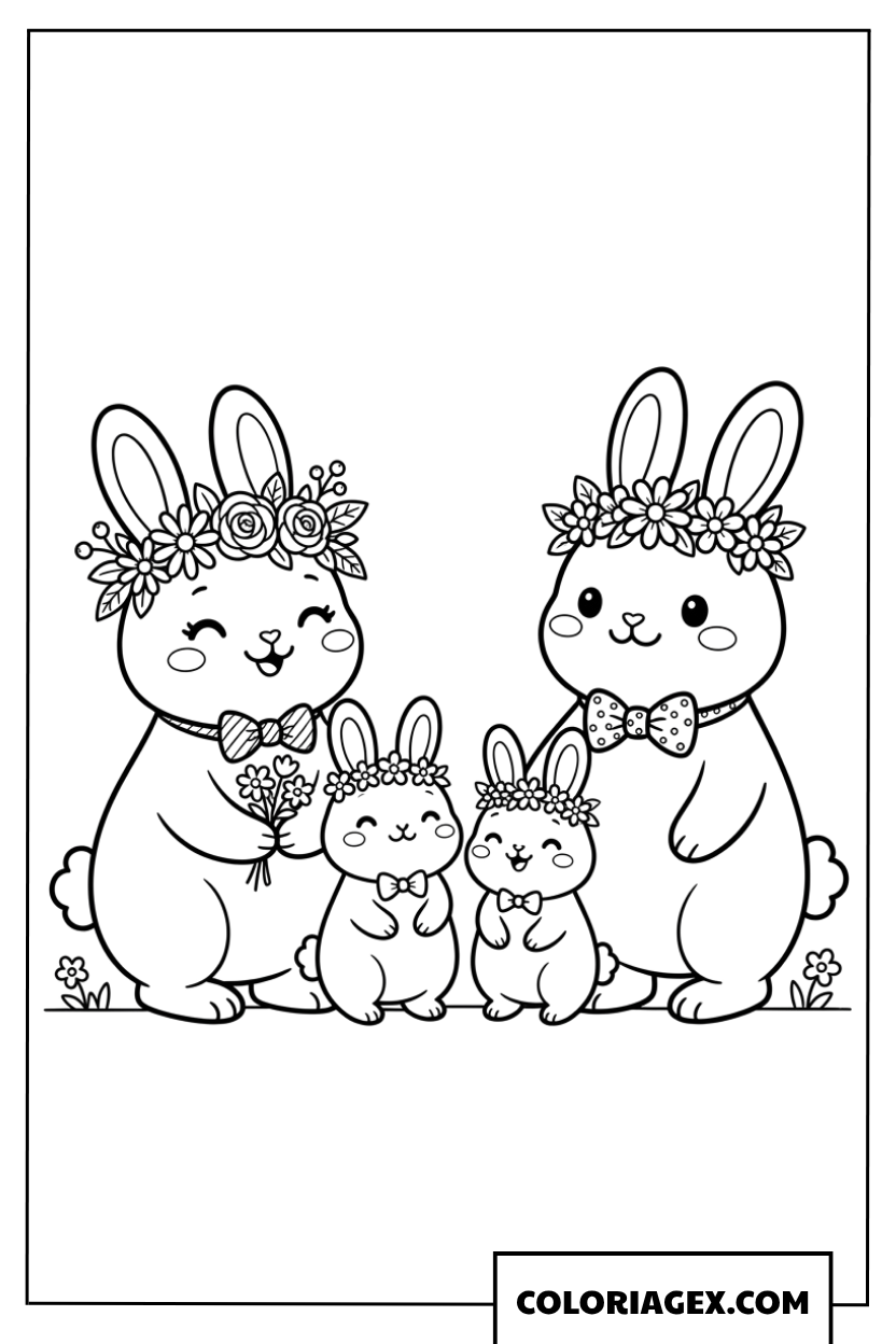Dessin d'une famille de lapins heureuse avec nœuds et couronnes