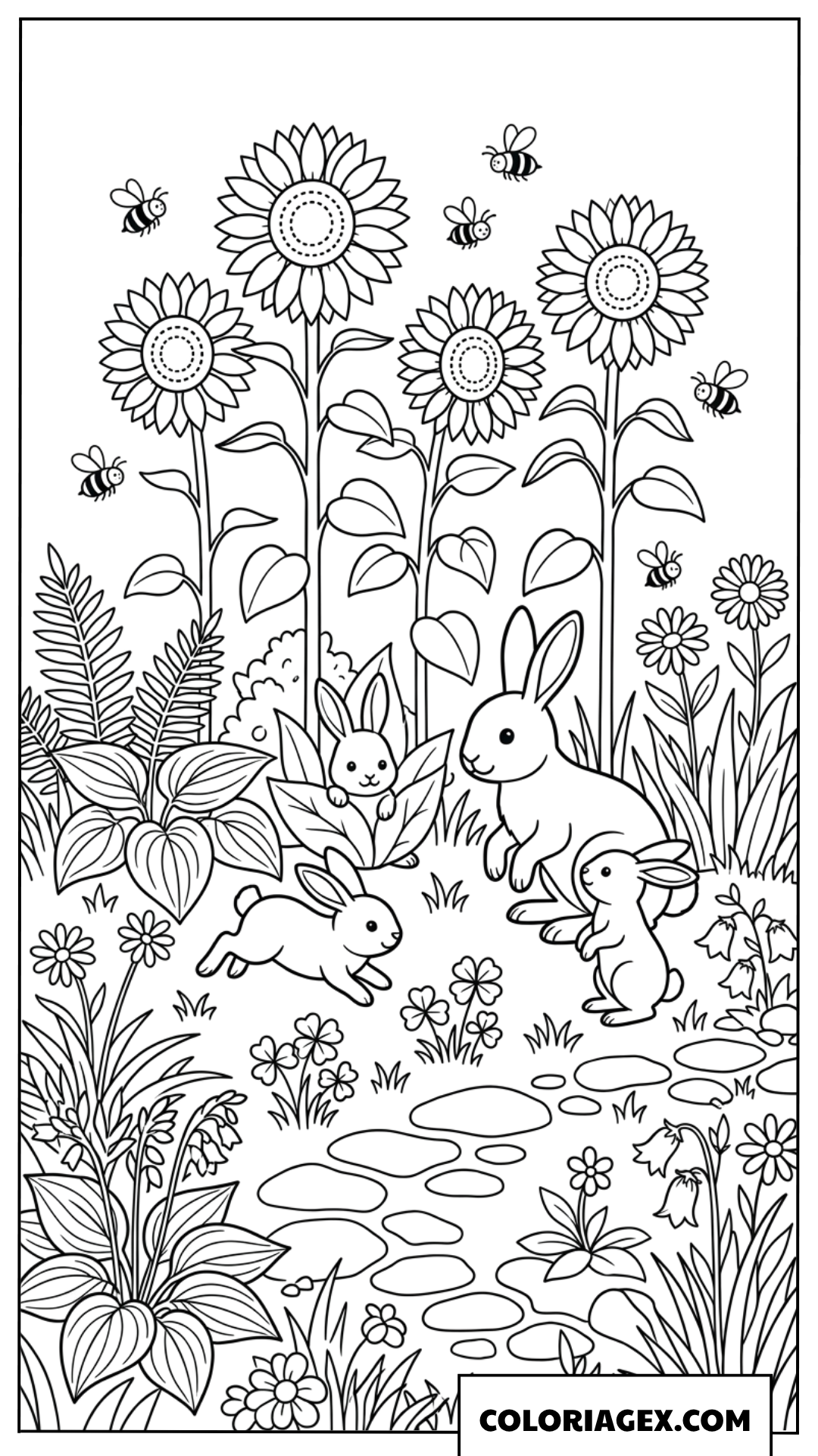 Dessin d'une famille de lapins jouant dans un jardin de tournesols
