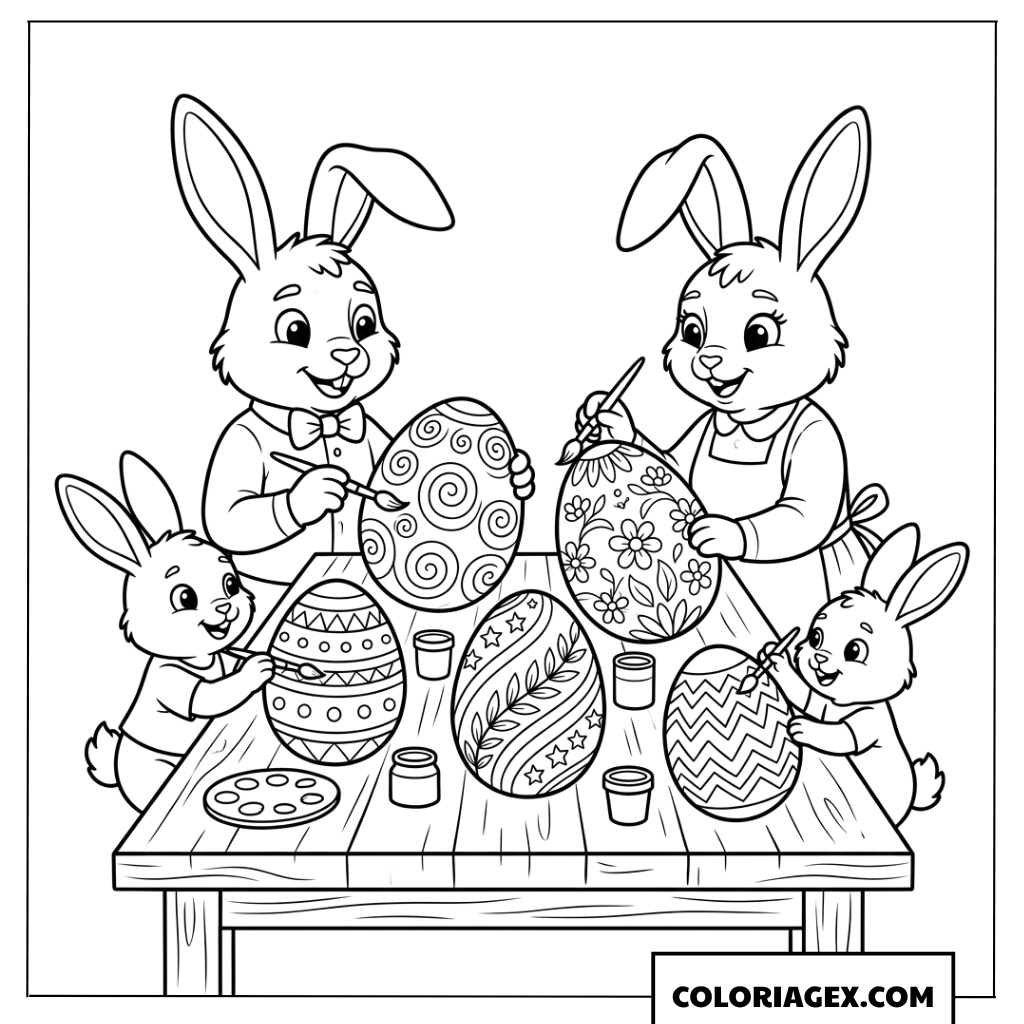 Dessin d'une famille de lapins peignant ensemble des œufs de Pâques