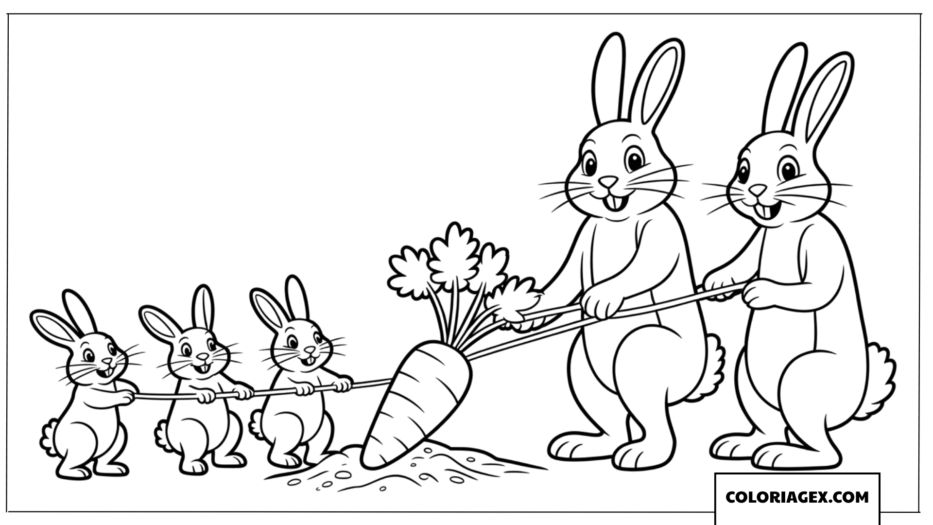 Dessin d'une famille de lapins tirant ensemble une énorme carotte