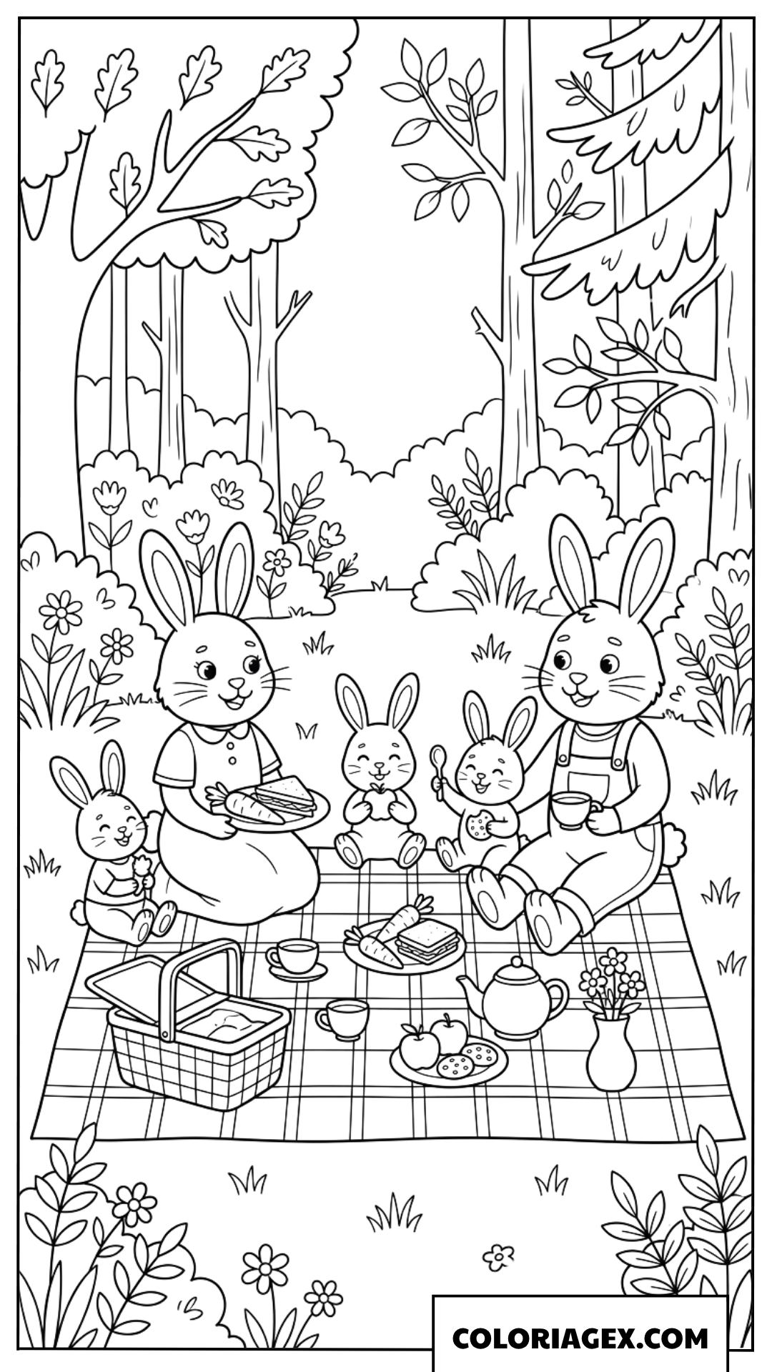 Dessin d'une famille lapin en pique-nique dans la forêt