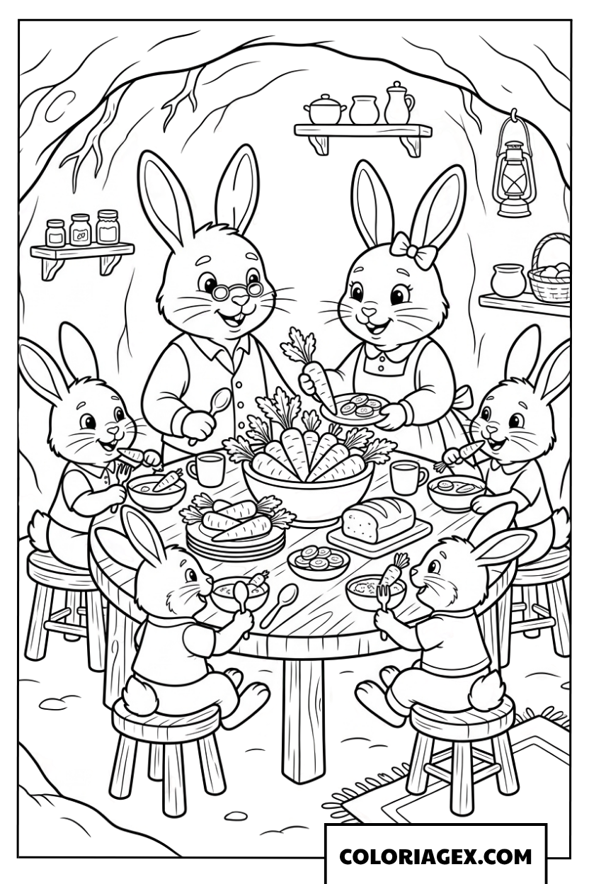 Dessin d'une famille lapin partageant un festin de carottes