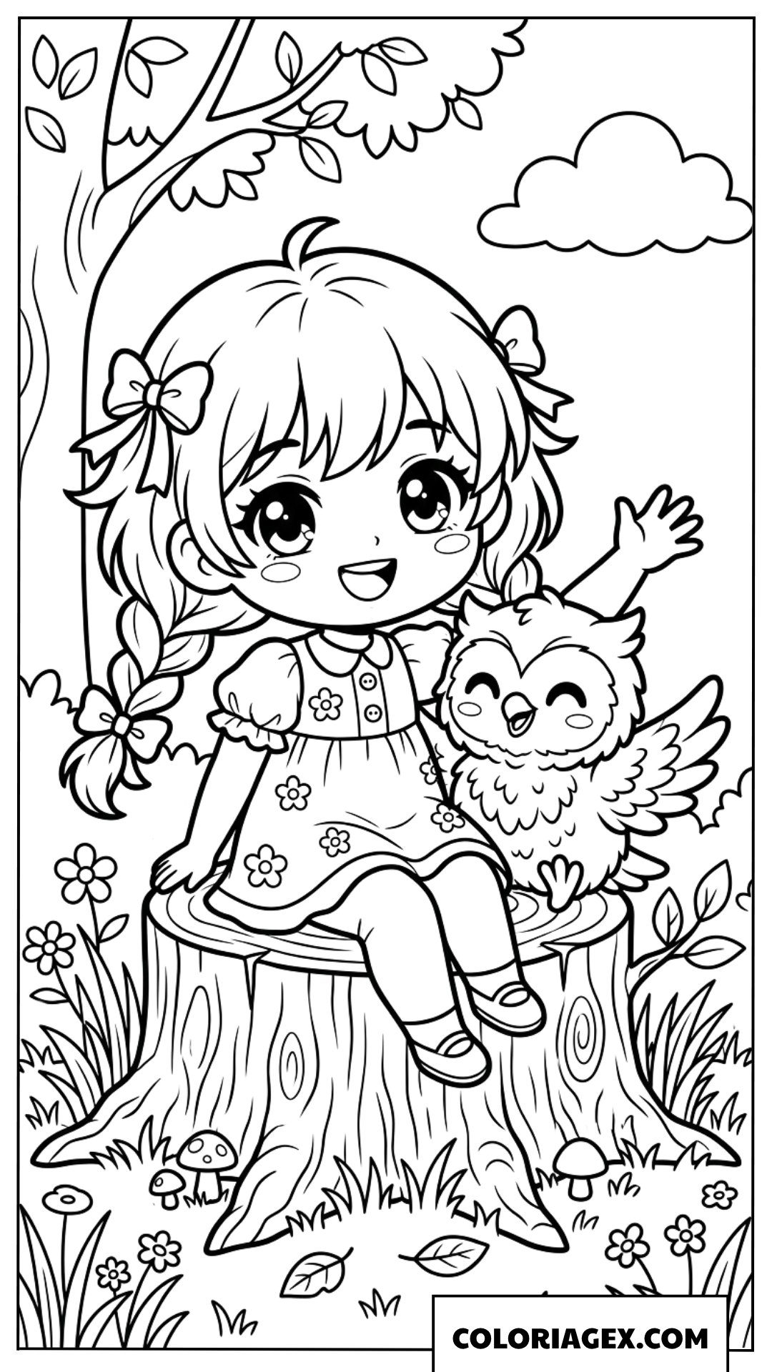 Dessin dune fille anime chibi assise sur un tronc avec un hibou