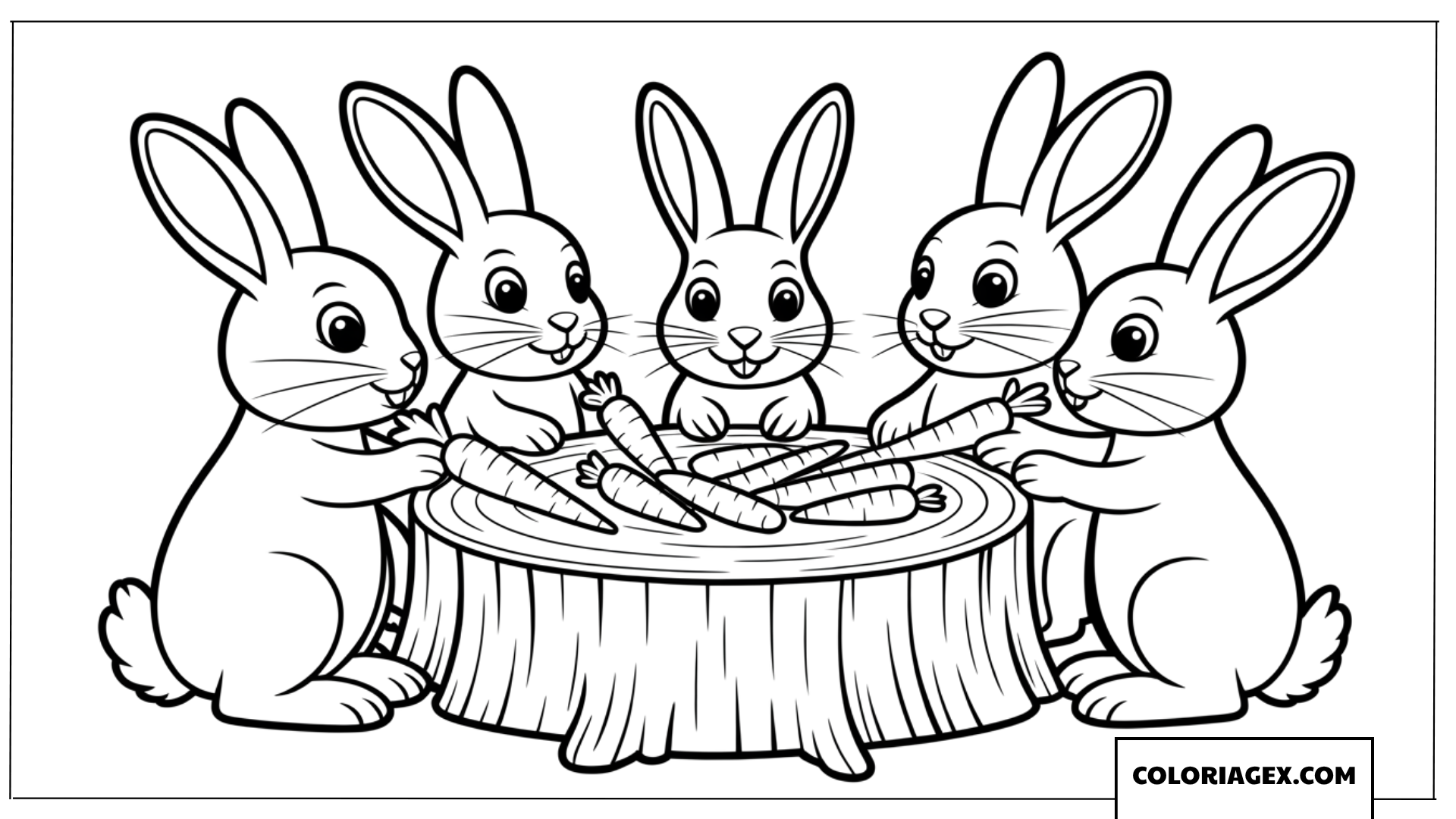 Dessin d'une joyeuse famille de lapins partageant un festin de carottes