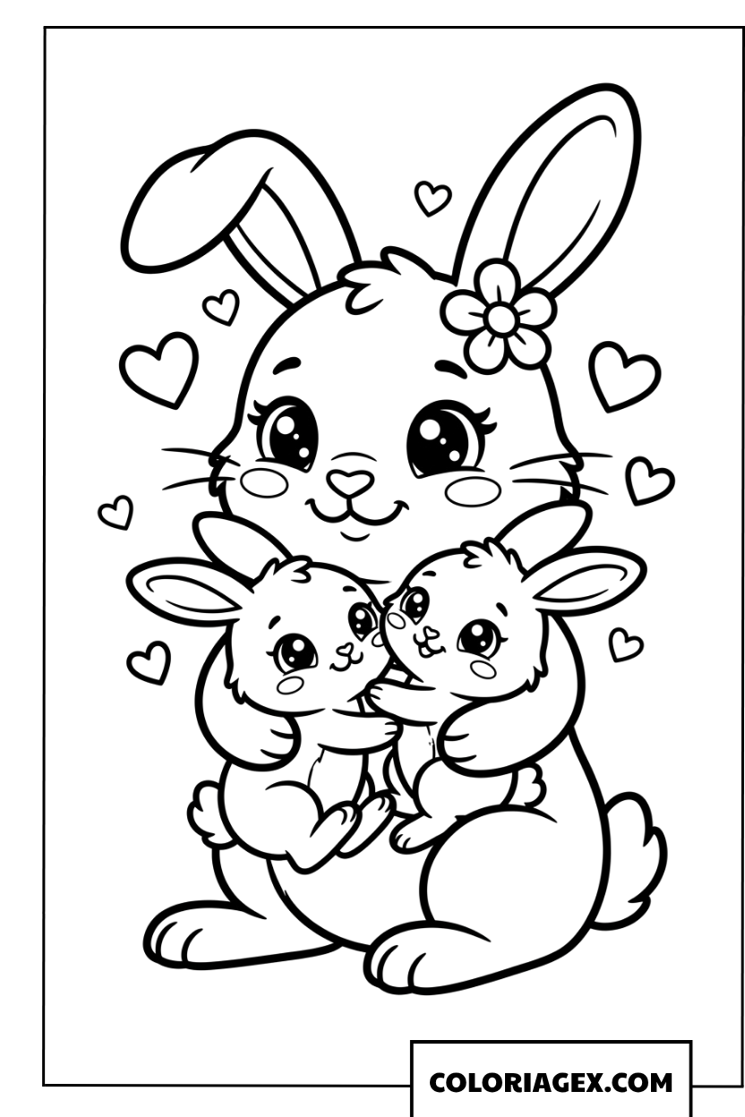 Dessin d'une maman lapin câlinant tendrement ses petits